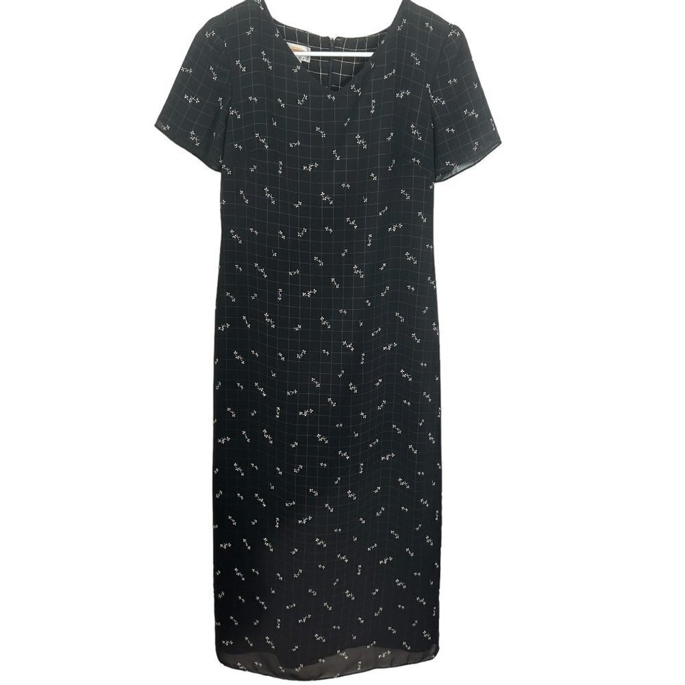 Talbots Black Midi Dress with White Dot Floral Print